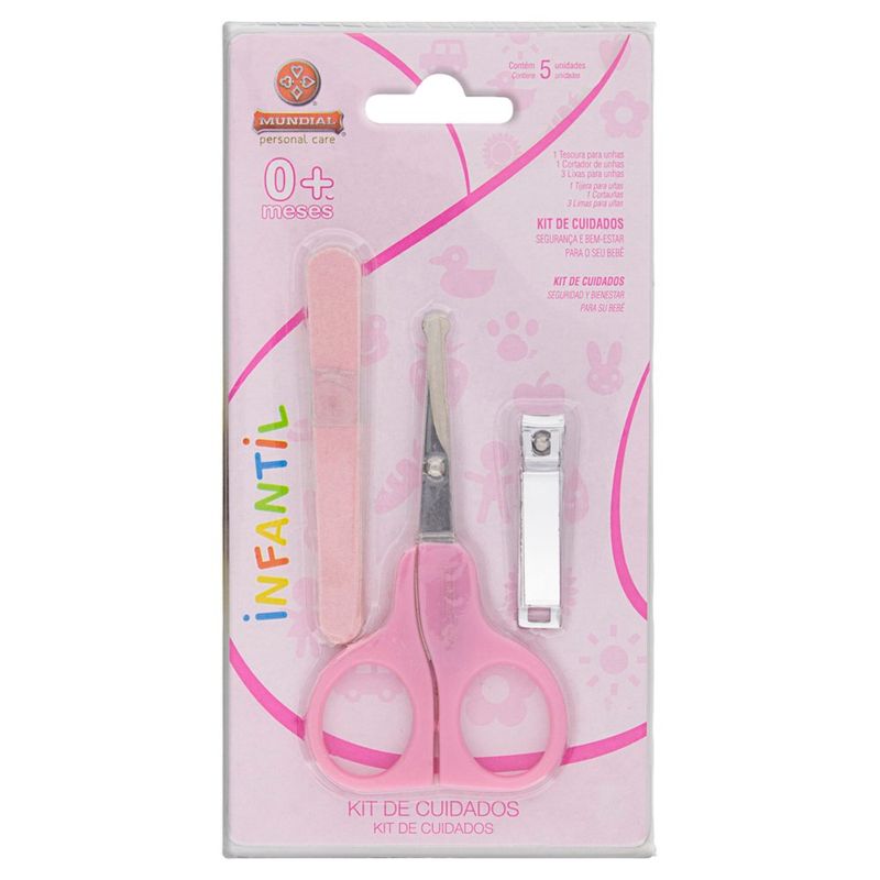 kit baby rosa mundial tesoura + cortador de unha + 3 lixas