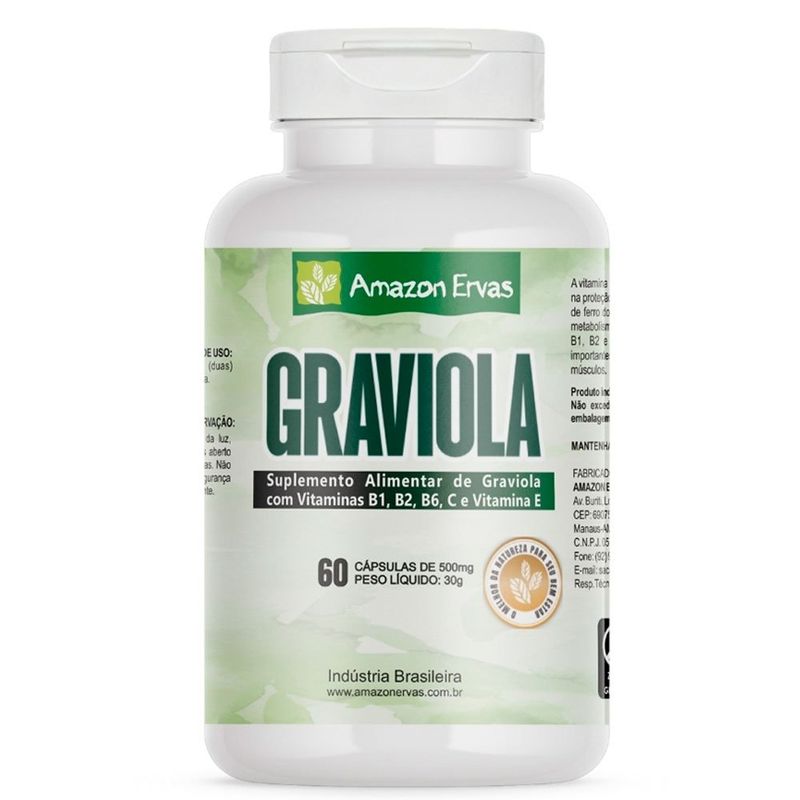 suplemento alimentar graviola com vitaminas b1, b2, b6, c, e 500mg 60 cápsulas amazon ervas