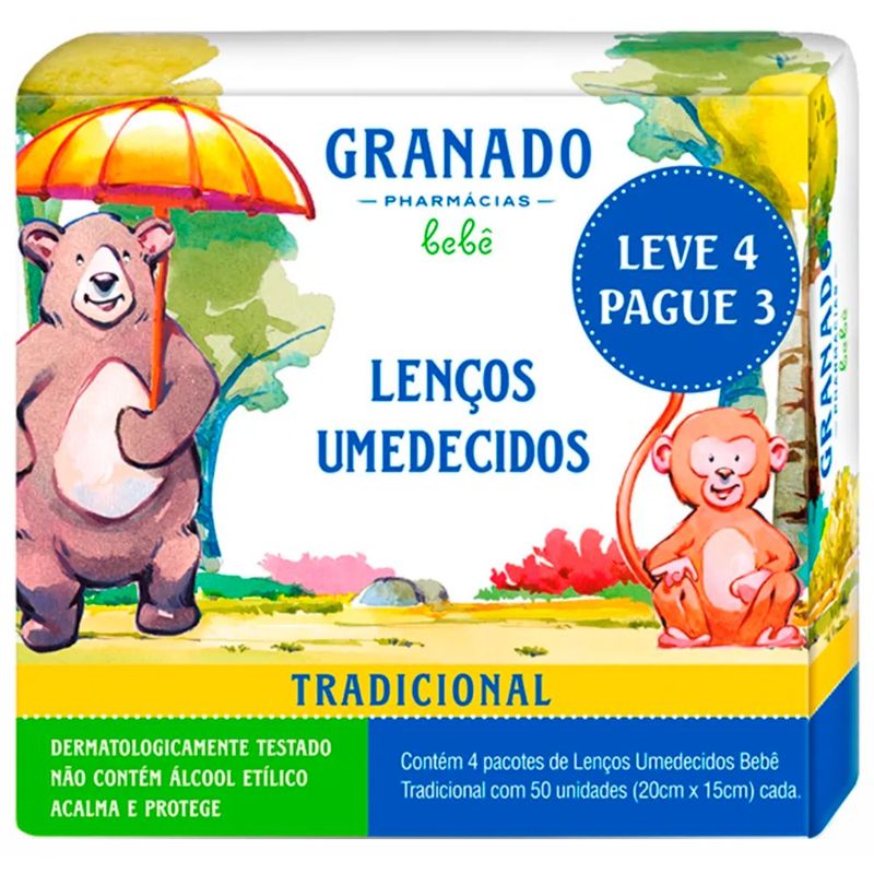 kit lenço umedecido granado bebê tradicional 4 pacotes 50 unidades