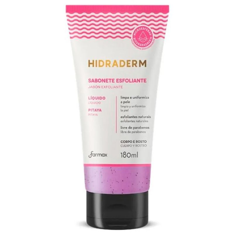 sabonete líquido esfoliante facial e corporal hidraderm pitaya 180ml