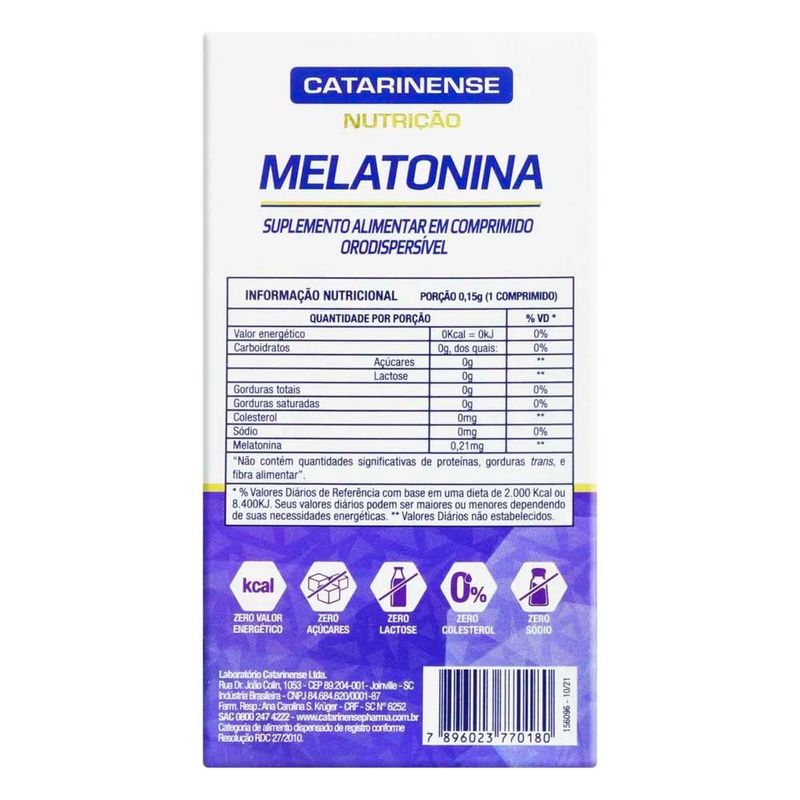 melatonina 0,21mg 60 comprimidos orodispersível sem sabor catarinense nutrição
