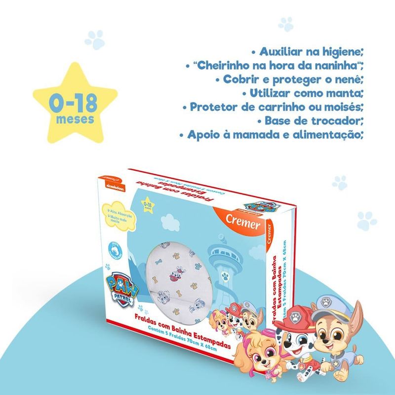 fralda de pano com bainha estampada cremer patrulha canina 5 unidades