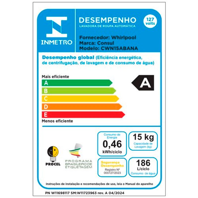 máquina de lavar 15kg consul branco cwn15abana