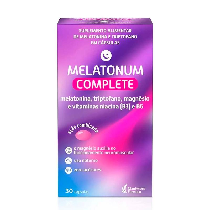 melatonum complete 30 cápsulas suplemento alimentar melatonina triptofano magnésio e vitaminas niacina mantecorp