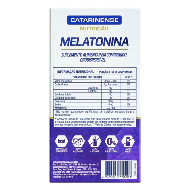 melatonina 0,21mg 120 comprimidos orodispersíveis suplemento alimentar catarinense