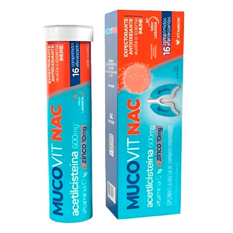 mucovit nac acetilcisteína 600mg+vitc 1g+zinco 10mg 16 comprimidos efervescentes sabor laranja vitamedic