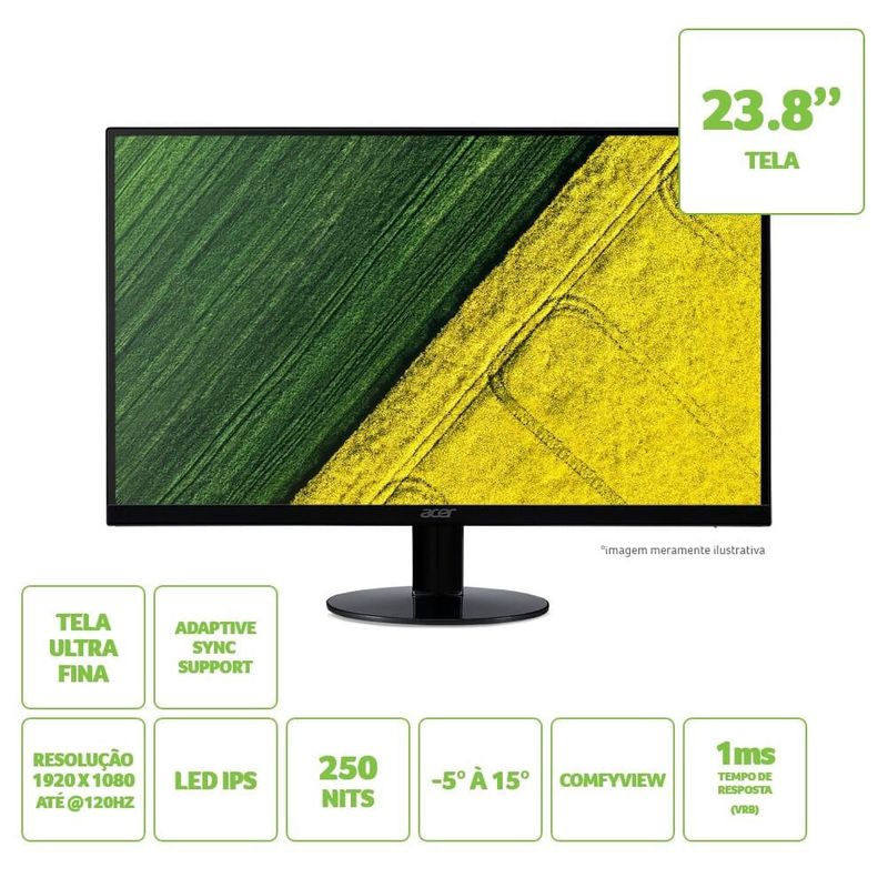 monitor acer fullhd 23,8" ultrafino preto sa240y g0bi