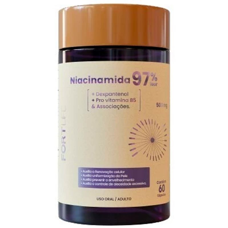 niacinamida 97% teor + dexpantenol + vit b5 e associações fortlife 60 cápsulas