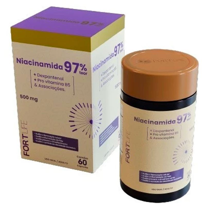 niacinamida 97% teor + dexpantenol + vit b5 e associações fortlife 60 cápsulas