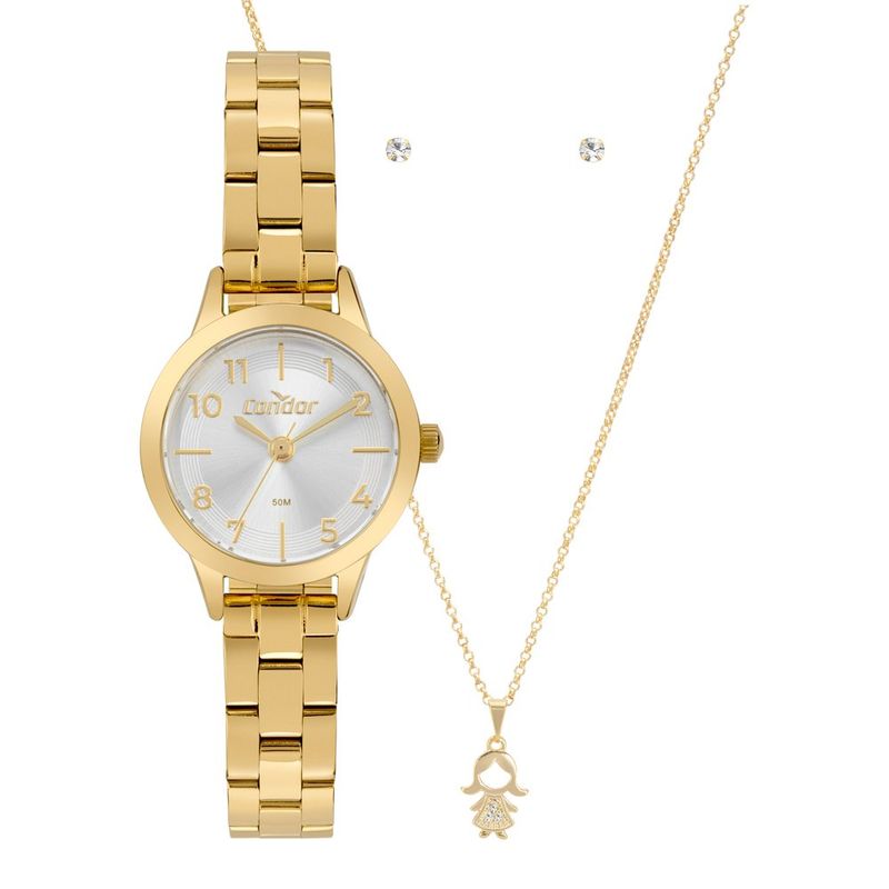 kit relógio feminino condor dourado co2035npg/k4k