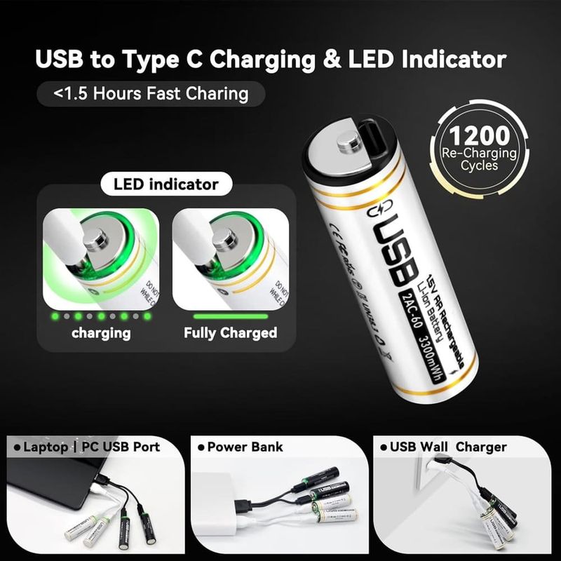 baterias recarregáveis 4 unidades chicnod aa com usb de lítio a-bi