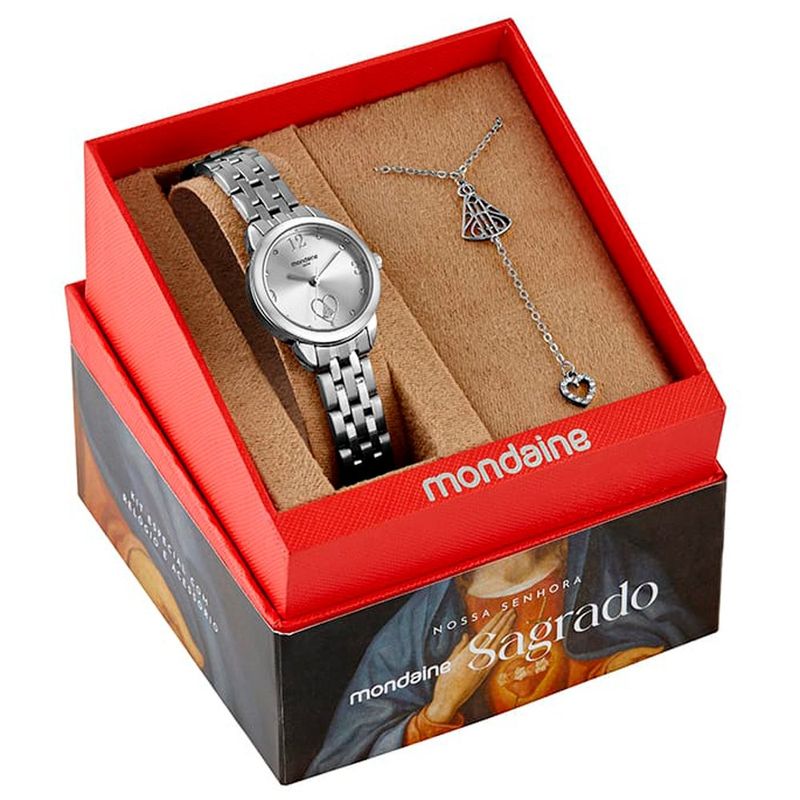 kit relógio feminino mondaine prata 99749l0mkne2k1
