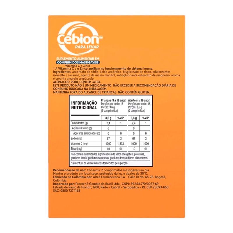 vitamina c + zinco cebion para levar sabor laranja 30 comprimidos mastigáveis procter & gamble