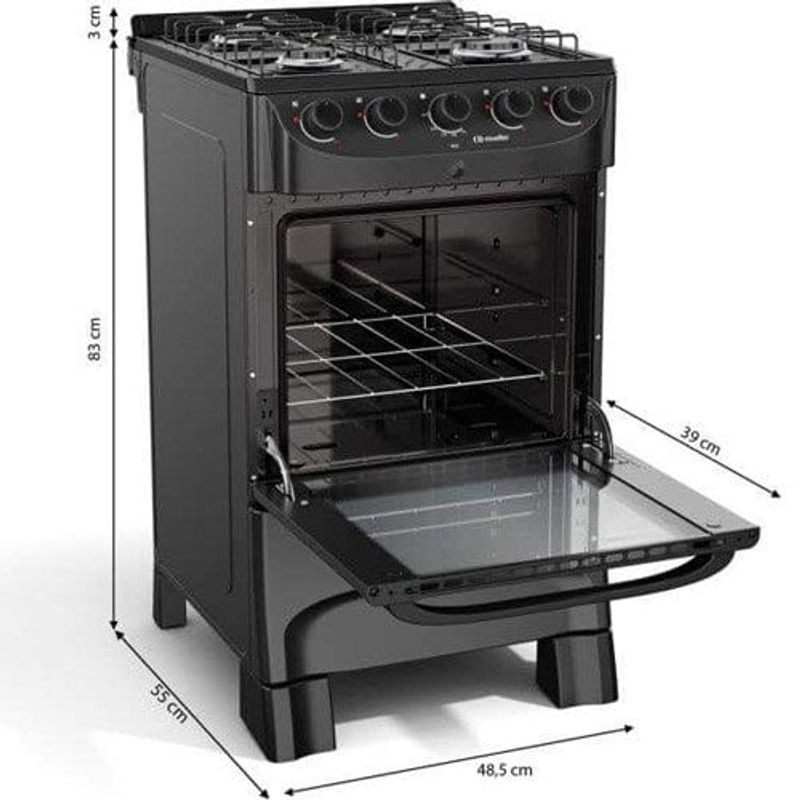 fogão 4 bocas mueller com mesa esmaltada preto fosco mfi4bc