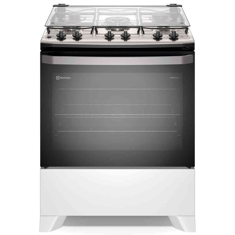 fogão 5 bocas electrolux branco efficient com mesa inox, perfectcook e vaporbake fe5ib