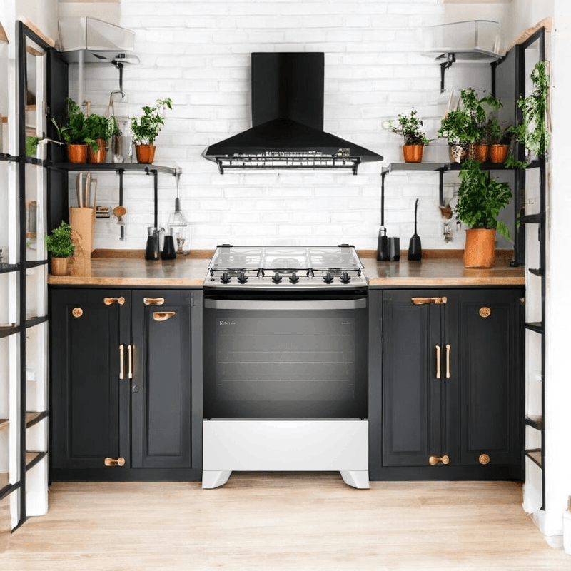 fogão 5 bocas electrolux branco efficient com mesa inox, perfectcook e vaporbake fe5ib
