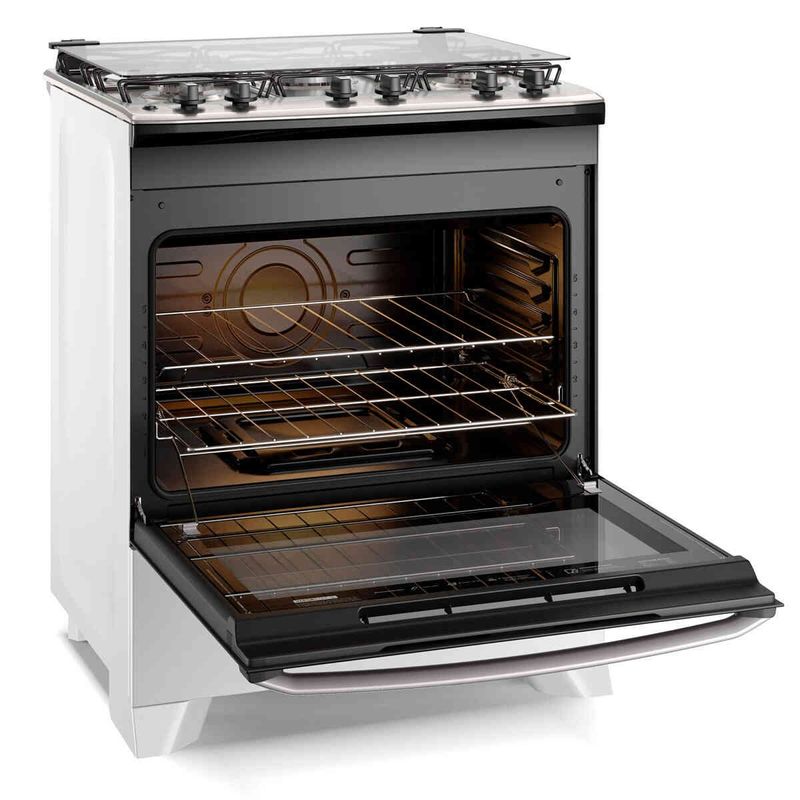 fogão 5 bocas electrolux branco efficient com mesa inox, perfectcook e vaporbake fe5ib