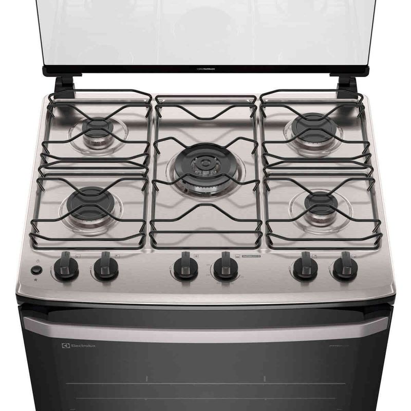 fogão 5 bocas electrolux branco efficient com mesa inox, perfectcook e vaporbake fe5ib