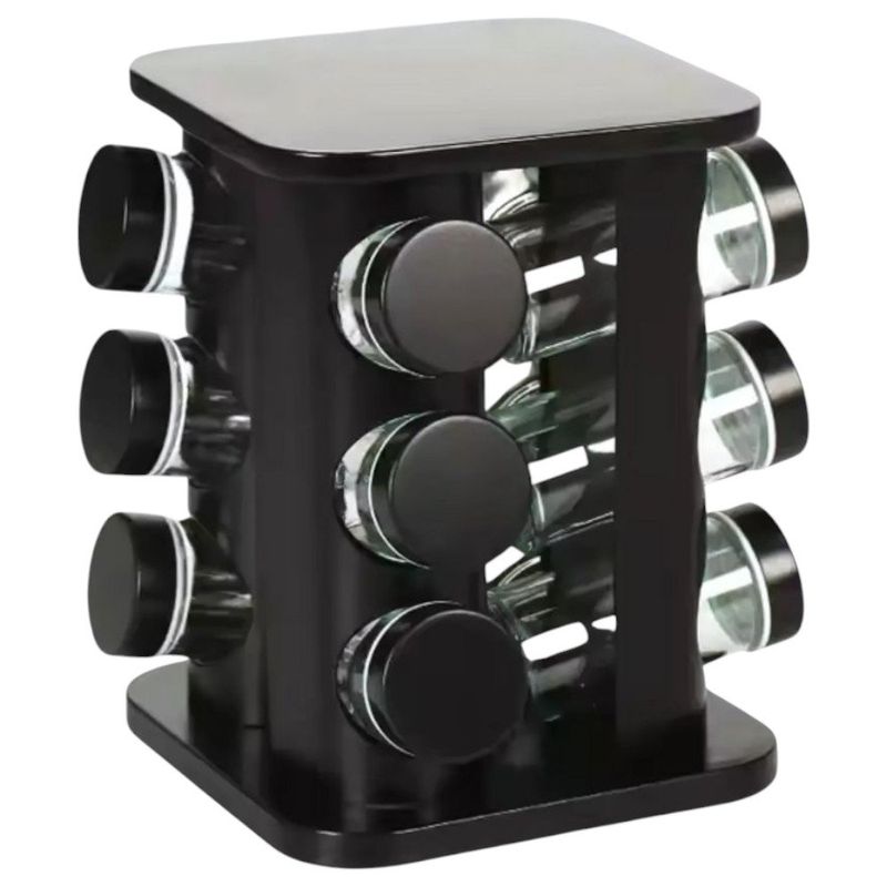 porta condimentos casita inox preto com base giratória 12 potes 80ml (mp)