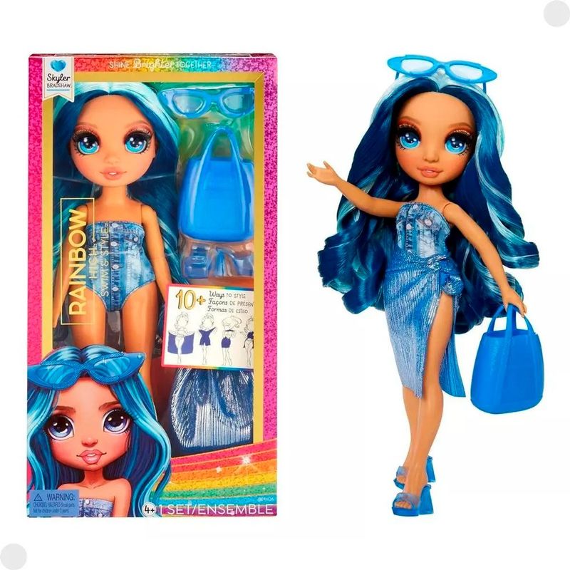 boneca mga rainbow high swim & style fashion doll skyler blue 507307