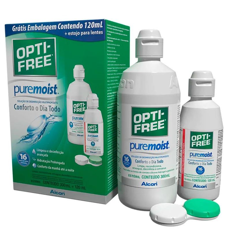solução para lentes de contato opti-free pure moist 300ml + 120ml + estojo alcon