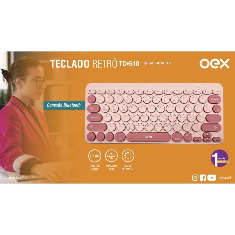 teclado retrô oex rosa tc510