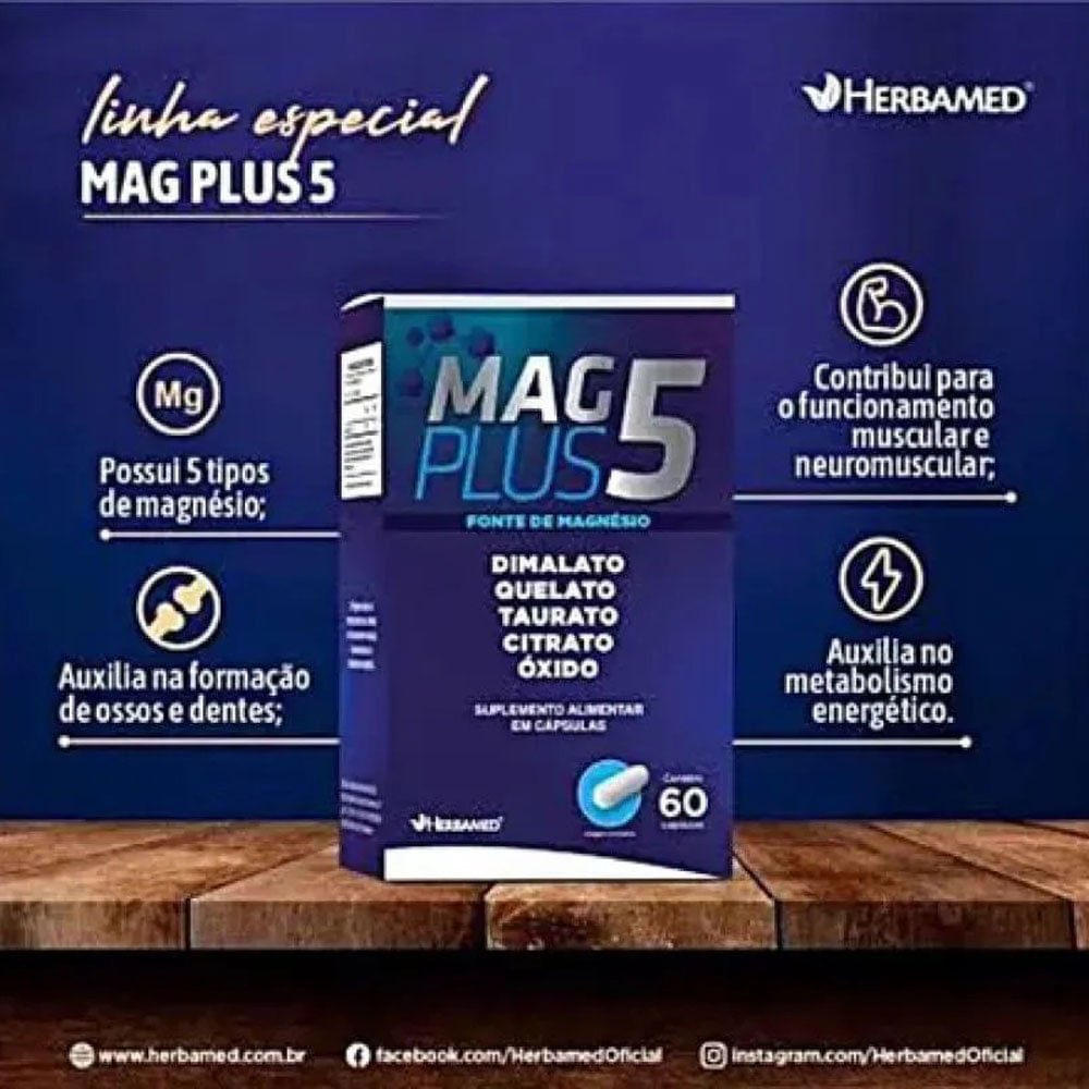 Mag Plus 5 Mix de Magnésio 60 Cápsulas Herbamed