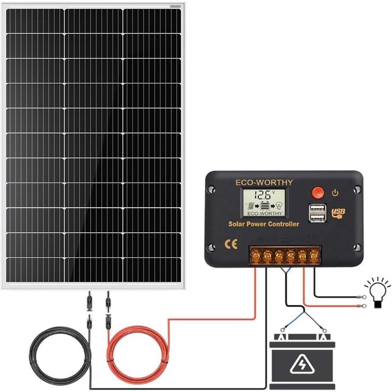 kit solar ecoworthy 100w painel monocristalino controlador lcd 20a preto a-bi