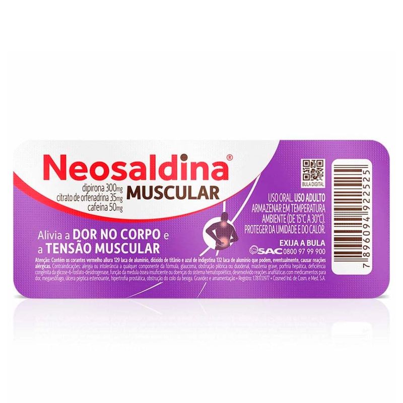 neosaldina muscular dipirona 300mg + citrato de orfenadrina 35mg + cafeina 50mg 10 comprimidos hypera