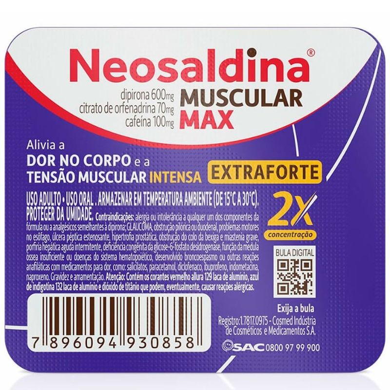 neosaldina muscular max dipirona 600mg + citrato de orfenadrina 70mg + cafeina 100mg 4 comprimidos hypera