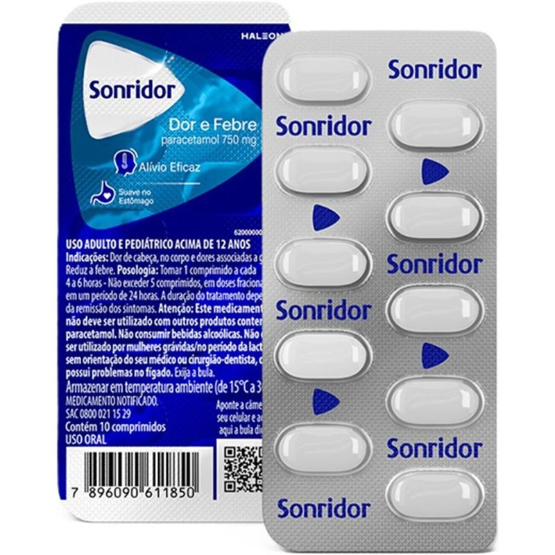 sonridor dor e febre paracetamol 750mg 10 comprimidos heleon