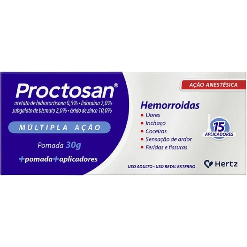 proctosan múltipla ação hidrocortisona + lidocaína + subgalato bismuto + óxido de zinco 30g + 15 aplicadores hertz