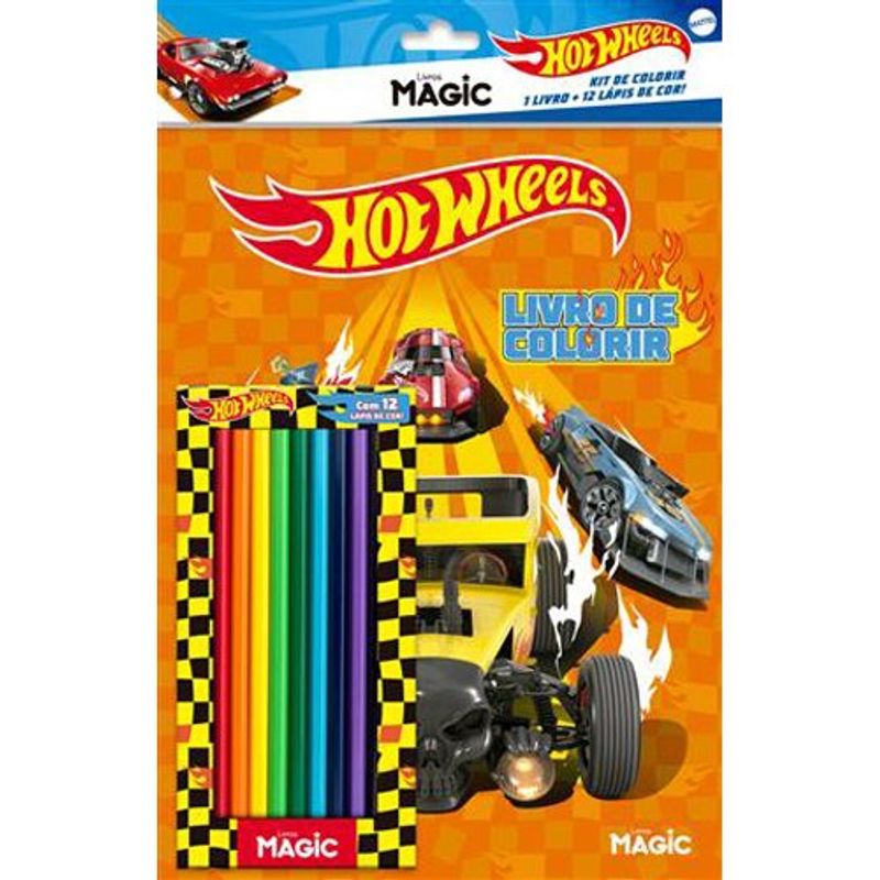 livro hot wheels kit de colorir com 12 lápis de cor magic kids livro (mp)