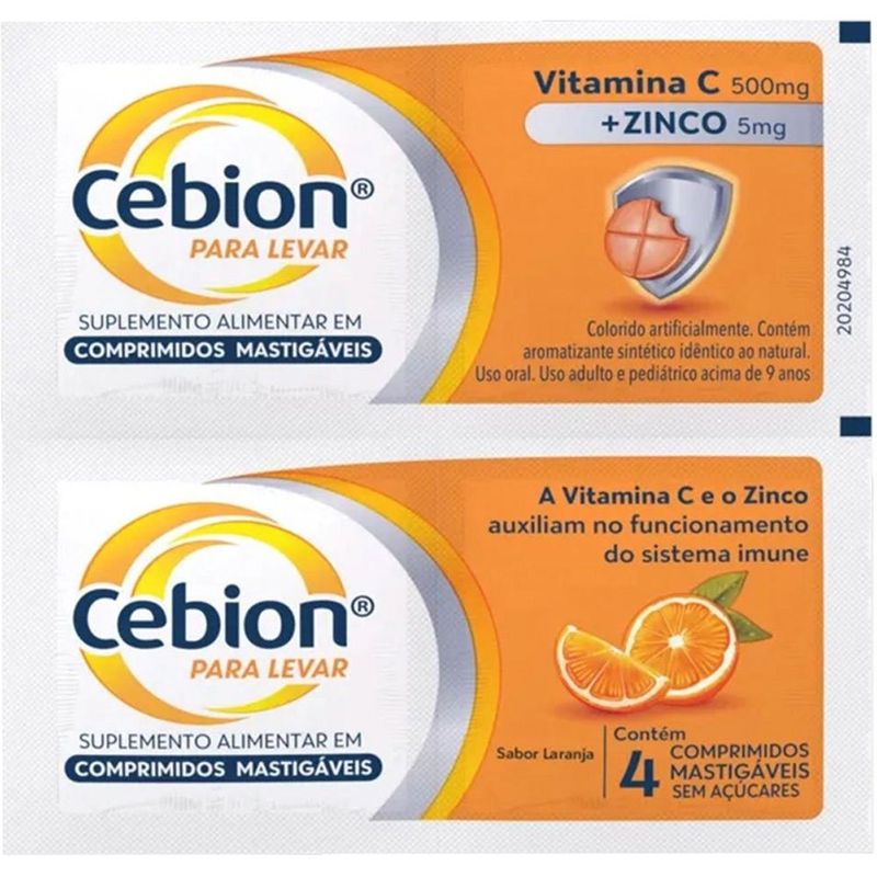 cebion mastigável vitamina c 500mg + zinco 5mg 4 comprimidos sabor laranja procter & gamble
