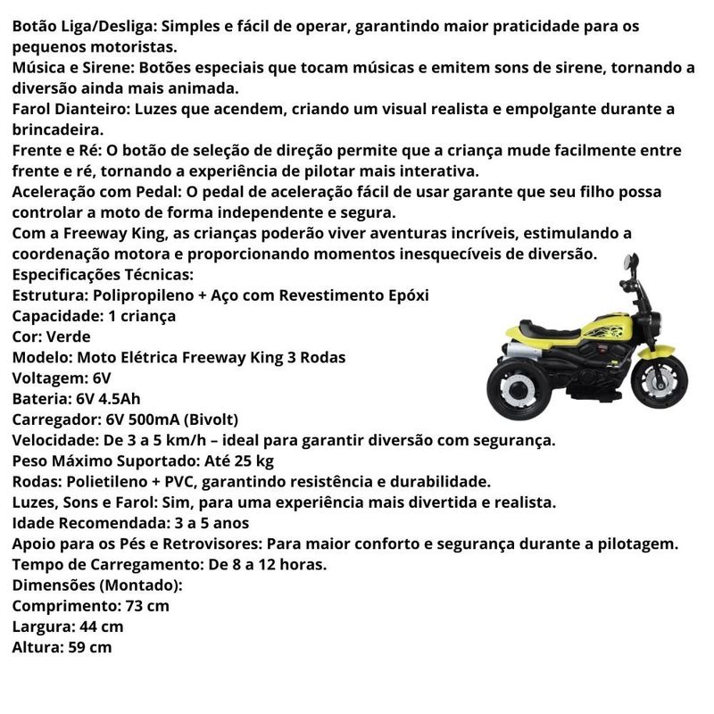 triciclo elétrico infantil bel fix freeway king 6v verde (mp)