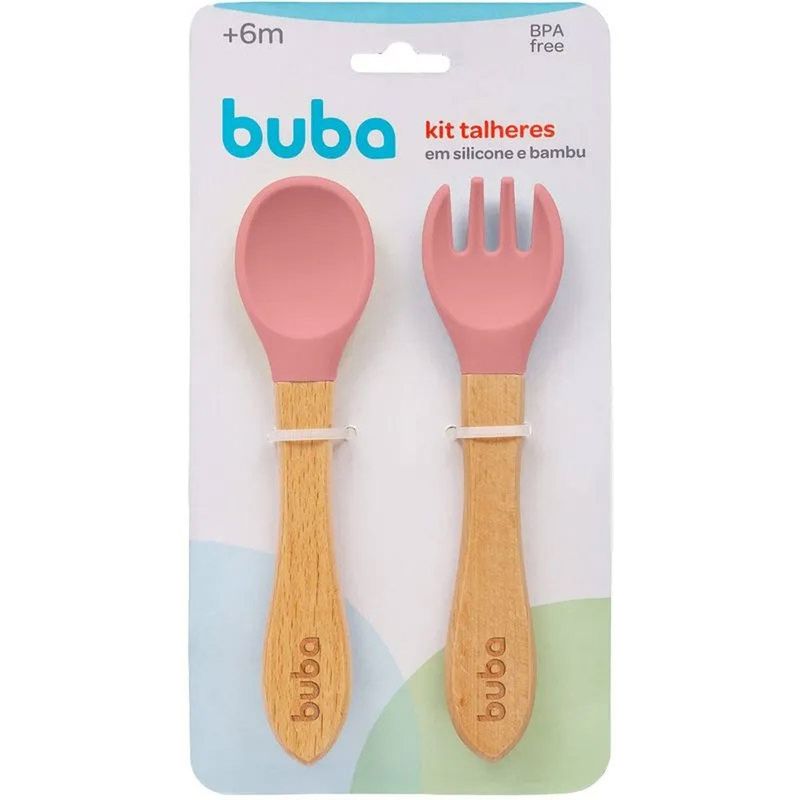 kit talheres para bebê buba silicone e bambu rosa
