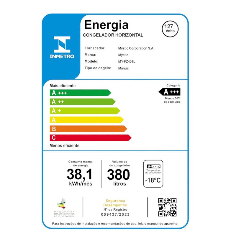 freezer horizontal mystic 380 litros com luz led na porta my-fz401l (mp)