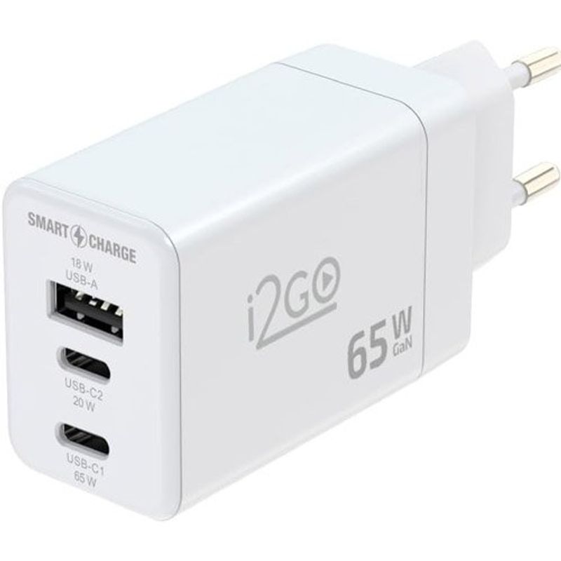 carregador de parede ultra rápido i2go saídas: usb-c 65w + 1 saída usb-c 20w + 1 saída usb-a 18w