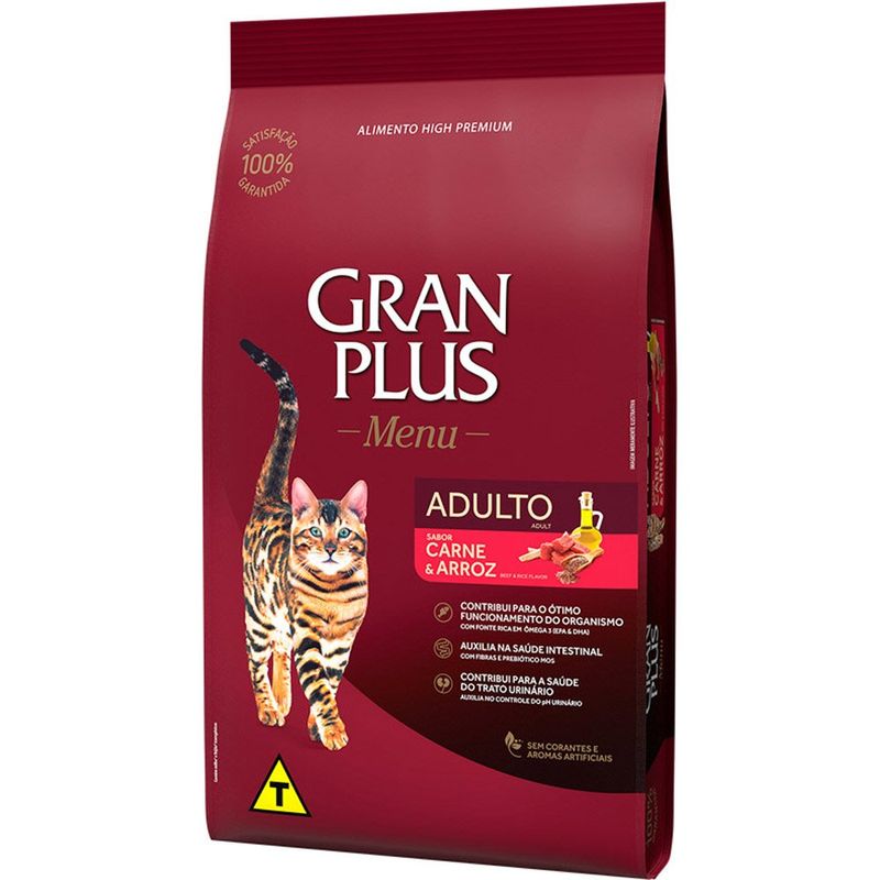 ração gatos adultos gran plus menu carne e arroz 3kg (mp)