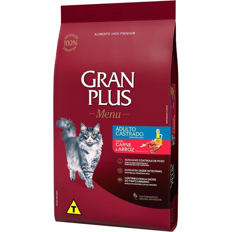 ração gatos castrados gran plus menu carne e arroz 3kg (mp)