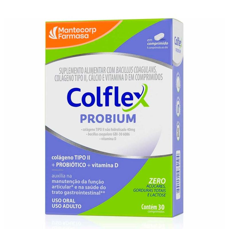 colflex probium colágeno tipo ii 40mg + probiótico + vitamina d 30 comprimidos mantecorp