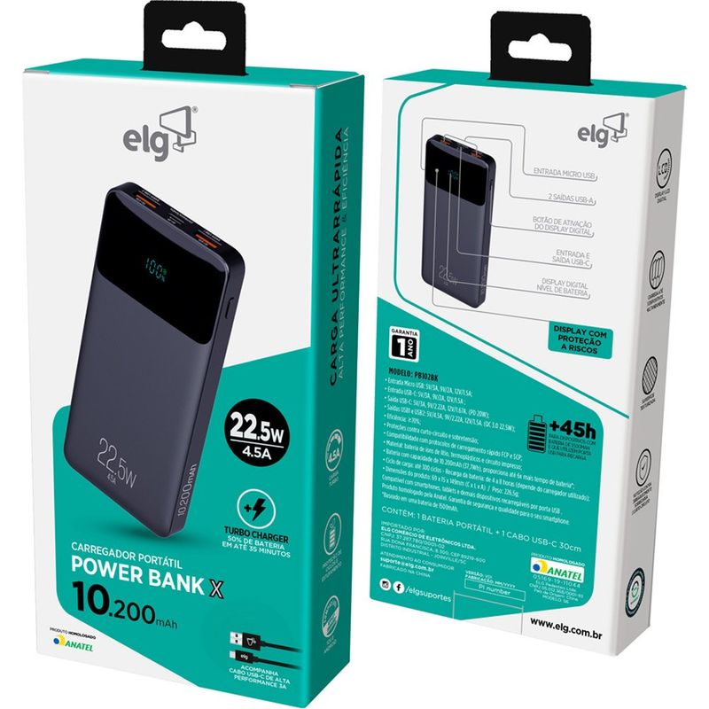 power bank elg 10200mah com display digital indicador preto pb102bk