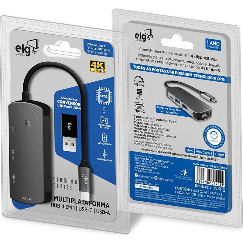 adaptador hub elg usb-c 4 em 1 com hdmi preto