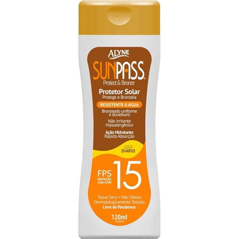 protetor solar alyne sunpass resistente à água 15 fps 120ml