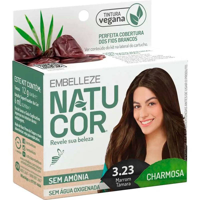 tintura para cabelo 3.23 marrom tâmara embelleze natucor