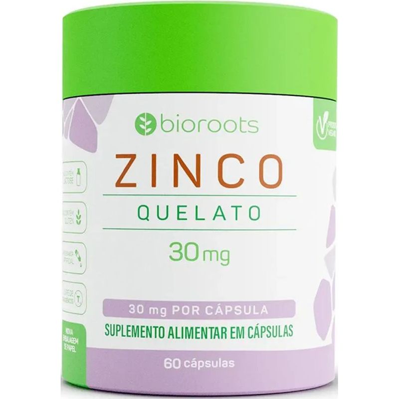 zinco quelato 30mg 60 cápsulas bioroots