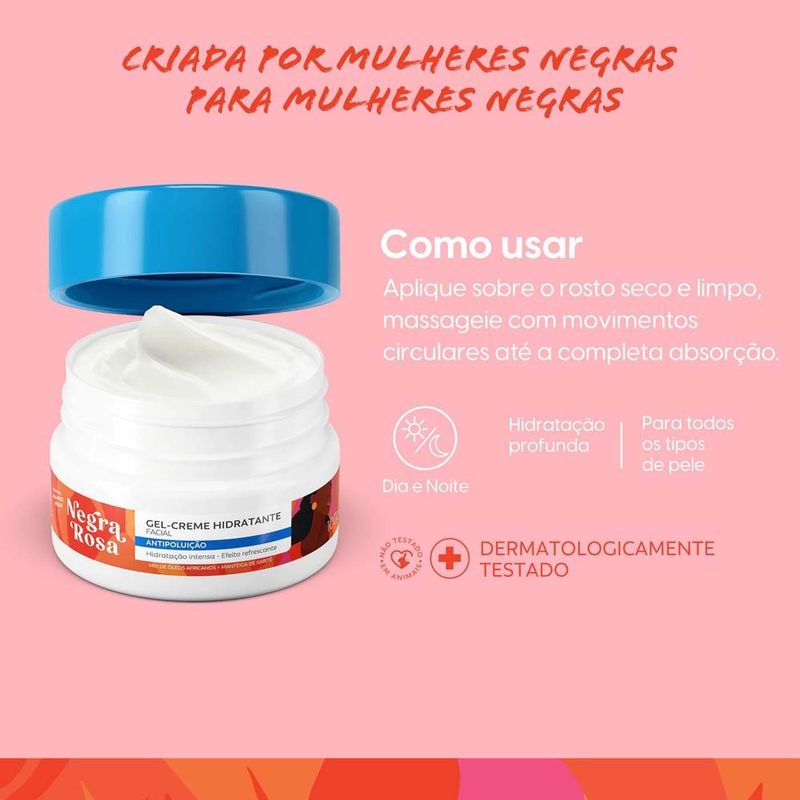 gel creme hidratante facial negra rosa antipoluição 100g