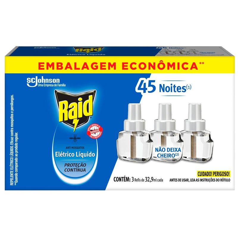 repelente eletrico raid 45 noites 32,9ml 3 unidades refil