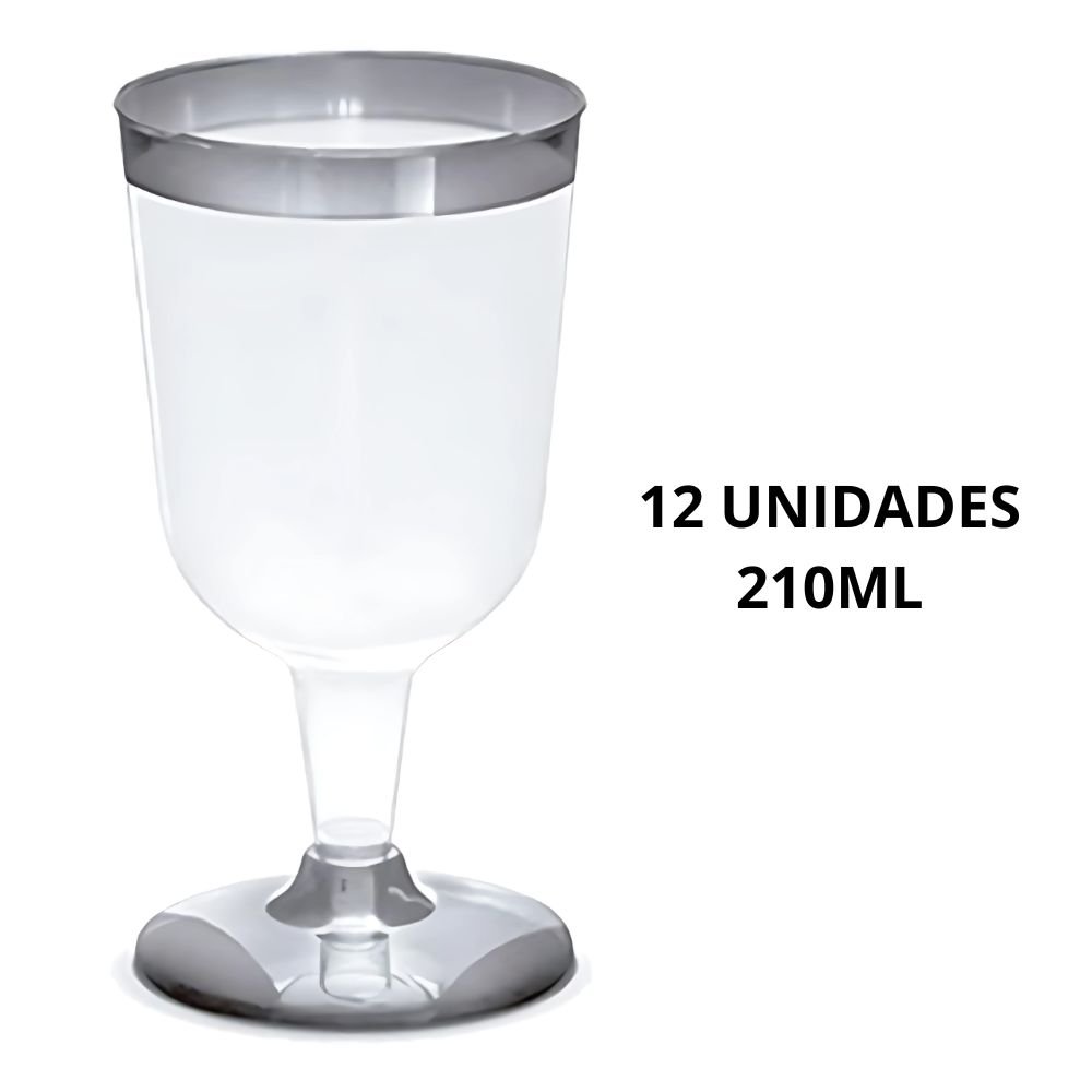Taça de Vinho Prata Plástico 210ml 12 Unidades