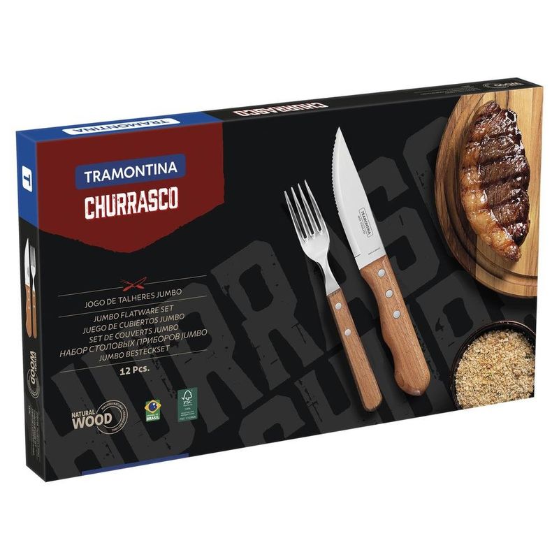 jogo de talheres tramontina churrasco inox 12 peças dynamic madeira natural (mp)